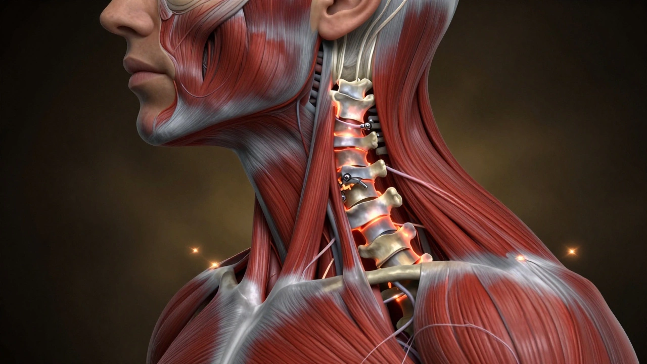 Profily krční páteře s blokovaným kloubem a napnutými svaly, nervové cesty sahající do paže.