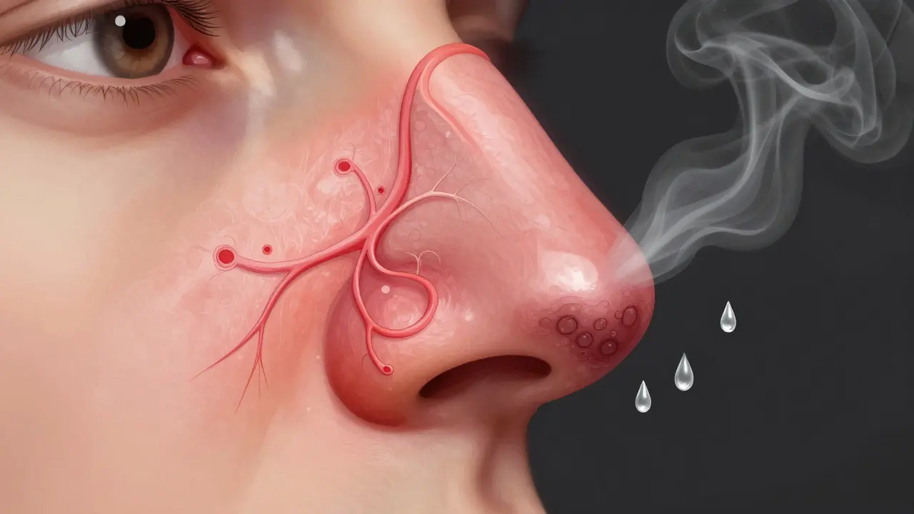 Průřez nosní sliznicí s porušenými cévami a ztlustlou tkání, symbolizující návratovou rýmu.