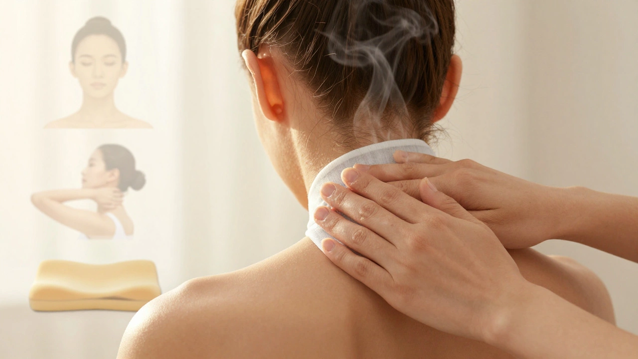 Ruka s teplým obkladem na krku, v pozadí viditelné správné držení těla a podpěrný polštář.