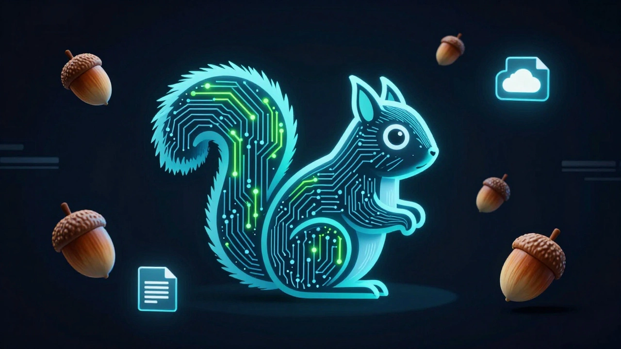 Stylizovaná veverka s elektronickými vzory symbolizující softwarový nástroj.