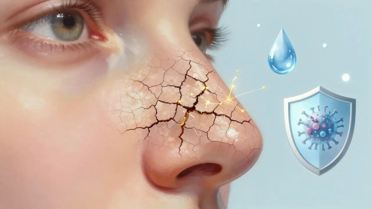 Symbolický obraz hojení odřeného nosu s vlhkostí a ochrannými prvky.