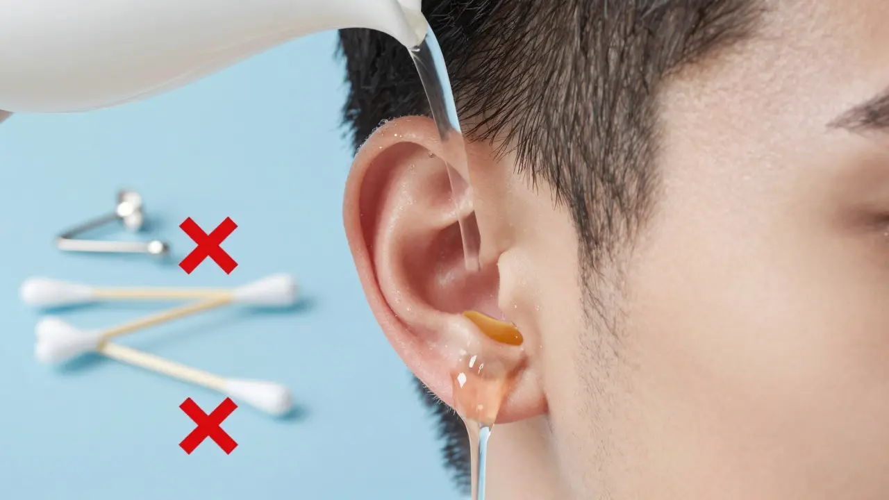 Teplá voda pomáhá rozpustit ušní prach, zatímco nebezpečné předměty jsou zakřížkovány.