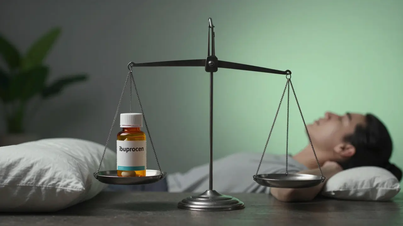 Váha s lékem na jedné straně a cvičením s polštářem na druhé, symbolizující rovnováhu mezi léčbou a prevencí.