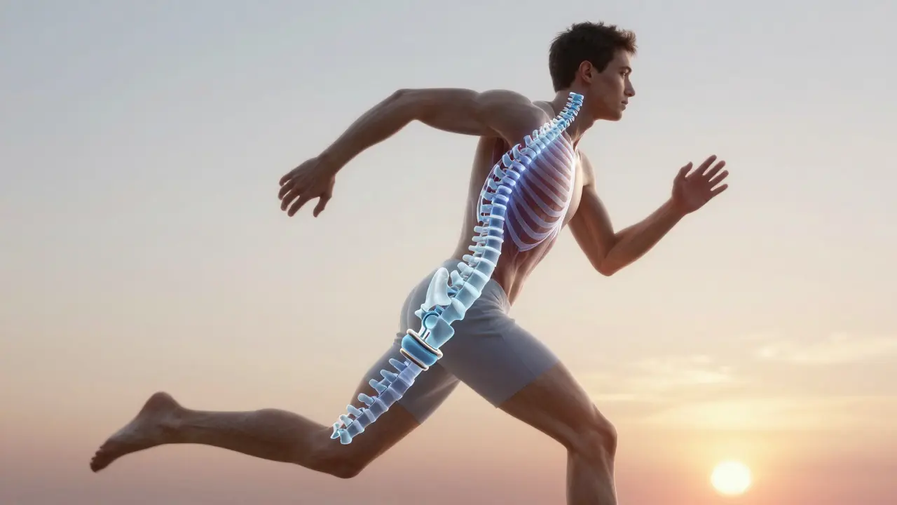 Člověk běží, s průhledným zobrazením pohybu páteře a dechu.