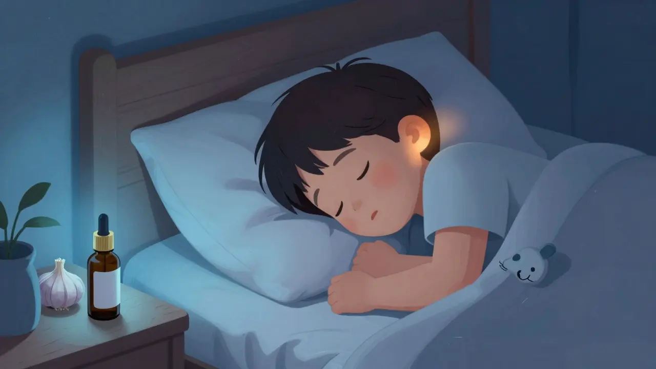 Dítě spí s hlavou zvednutou, vedle něj je láhev česnekového oleje.