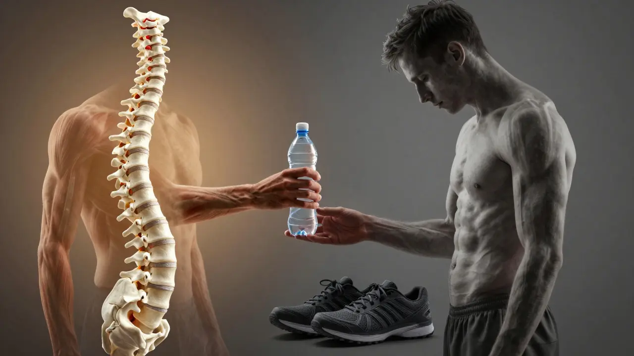 Dvě páteře vedle sebe: zdravá a poškozená, se symboly hydratace a pohybu.