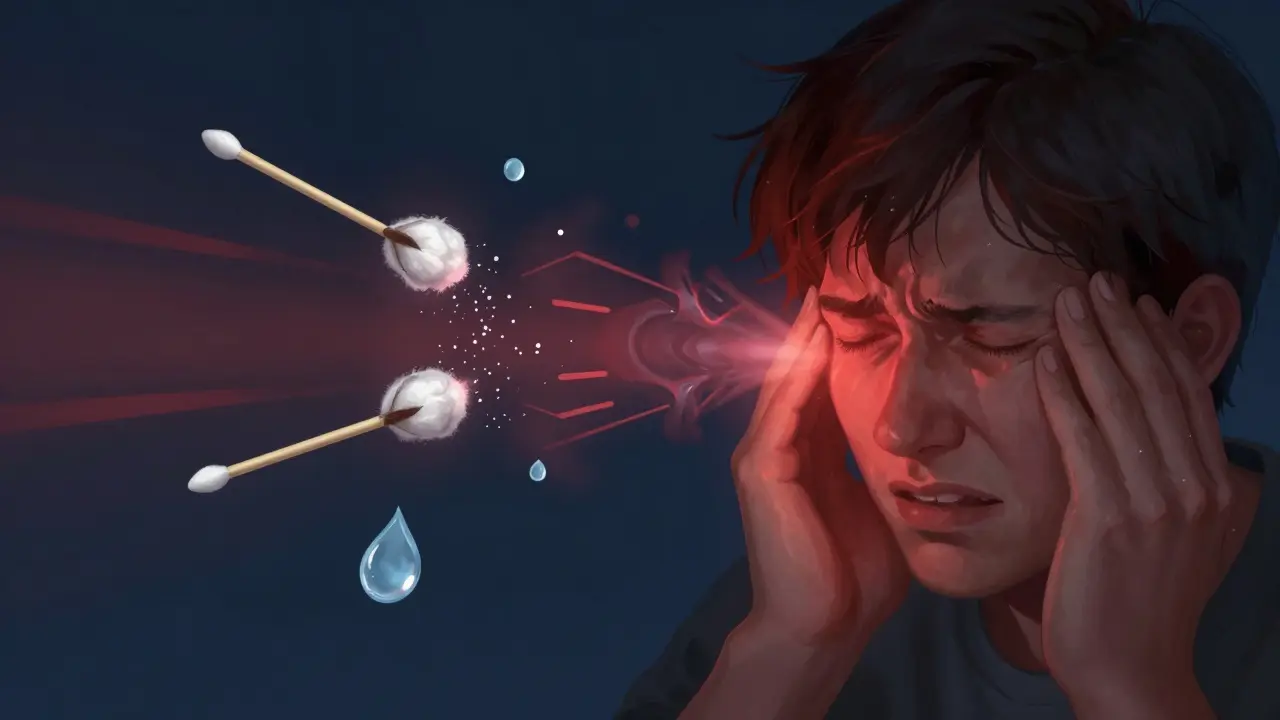 Osoba držící ucho po náhlém výbuchu, s vizuálními symboly příčin poškození.