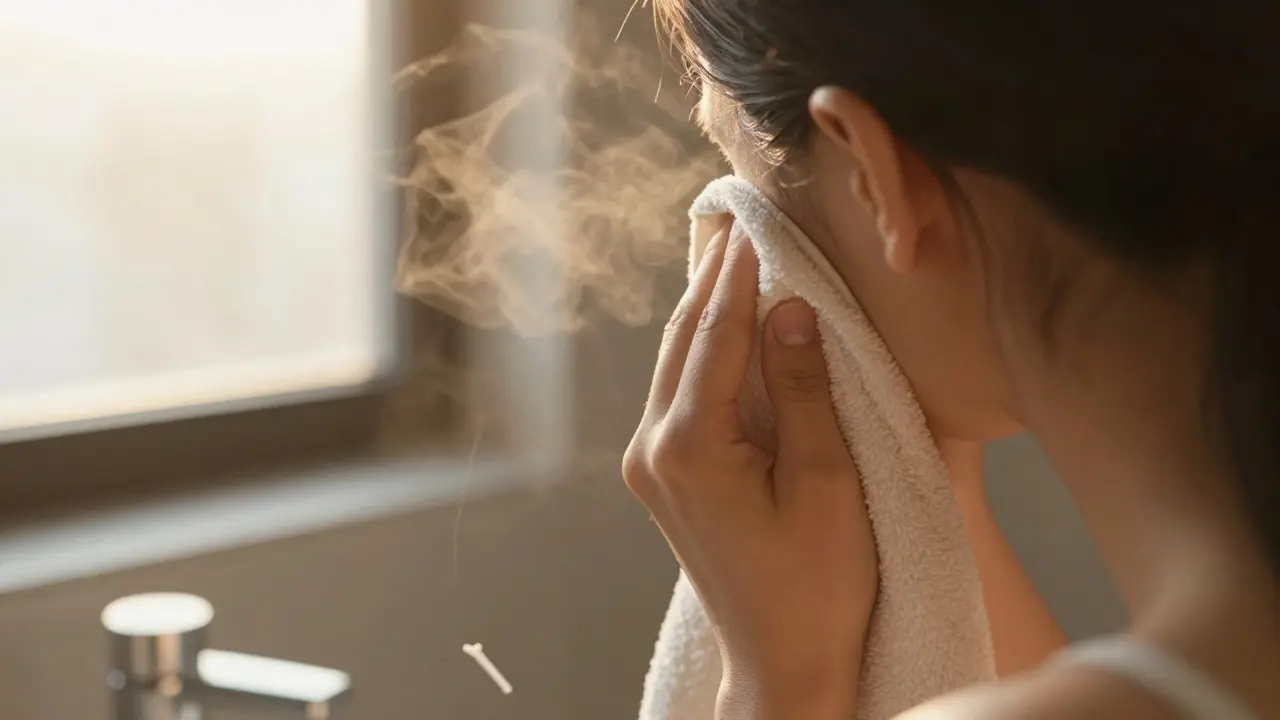 Osoba jemně suší vnější část ucha hadříkem po koupeli, bez vkládání předmětů.