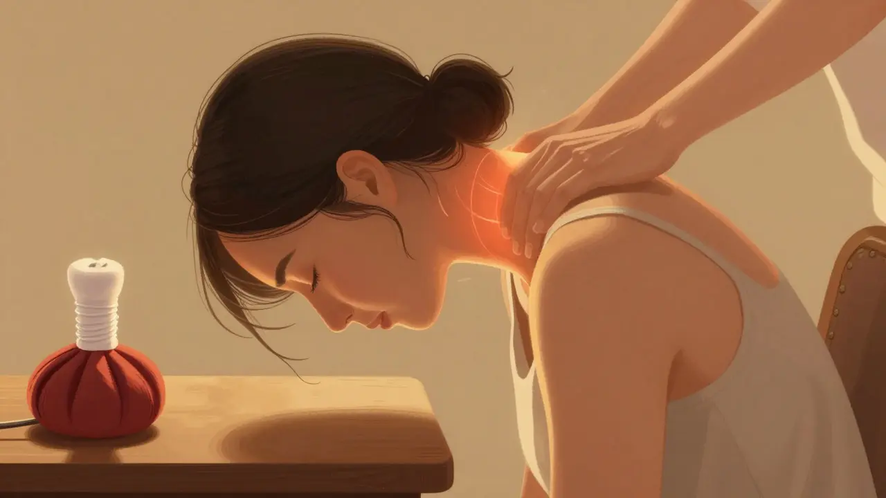 Osoba jemně uvolňuje napětí v krku tím, že nechává hlavu volně klesnout dopředu.