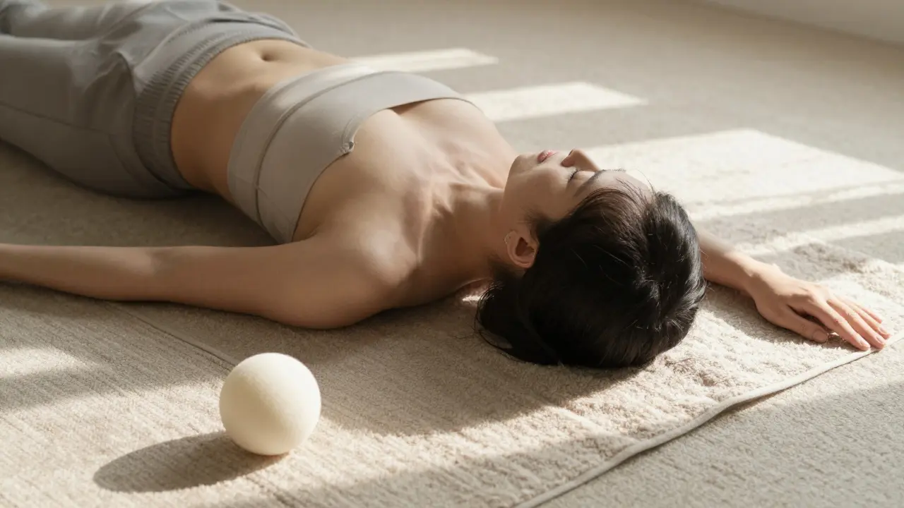 Osoba leží na zemi a jemně přikyvuje hlavou při cvičení neck nods.