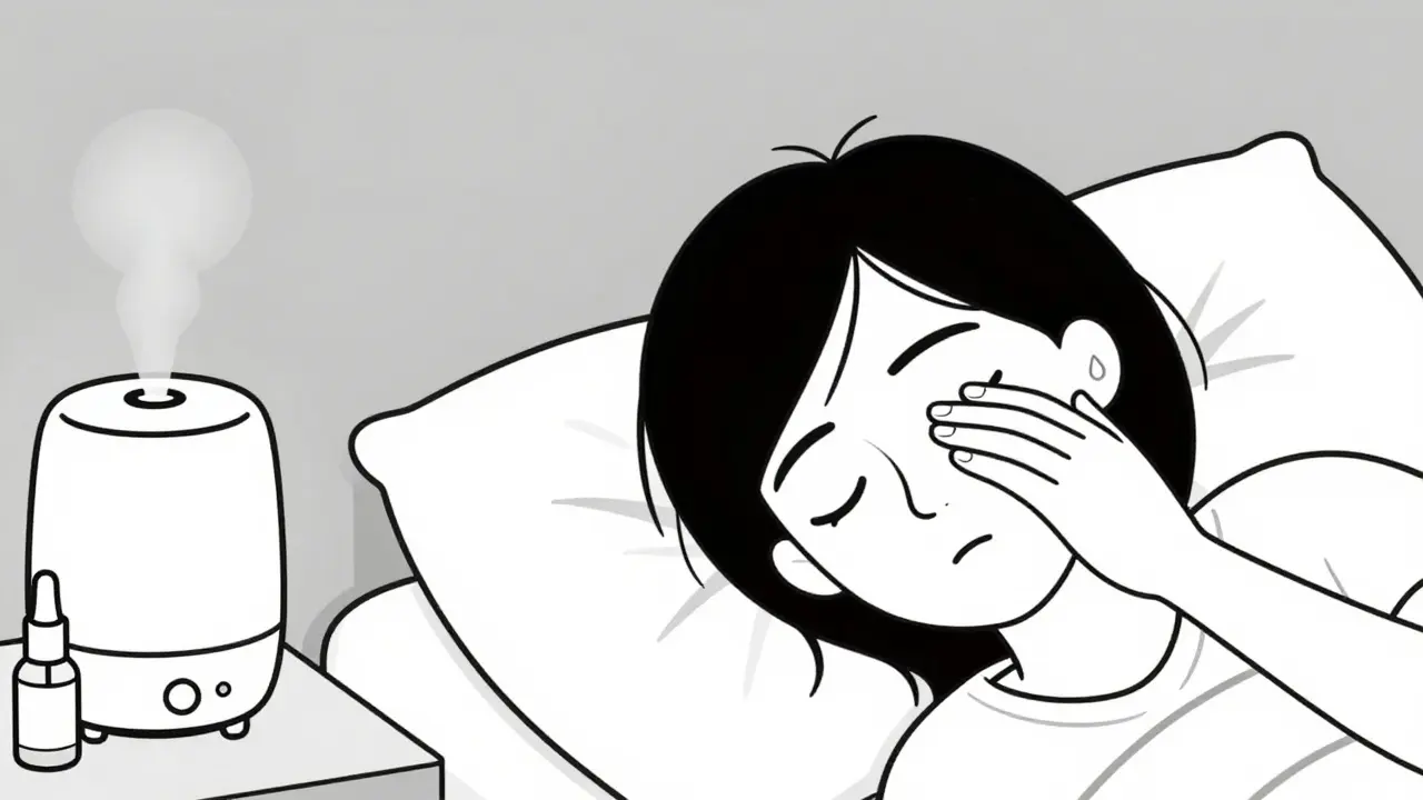 Osoba masíruje nos před spaním, vedle ní vlhčič a roztok soli na nočním stolku.