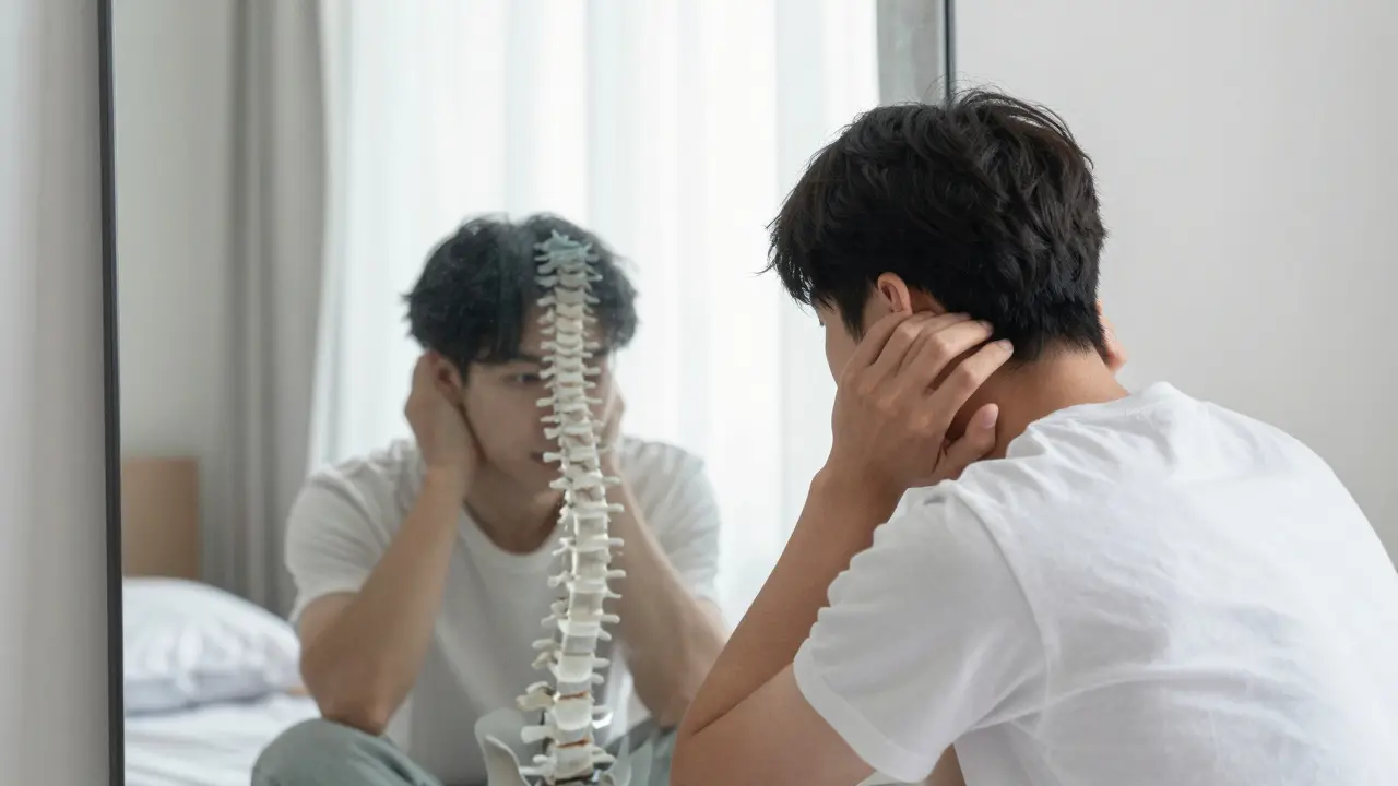 Osoba se pomalu otáčí hlavou v zrcadle, za ní průhledná nesprávně zarovnaná páteř.