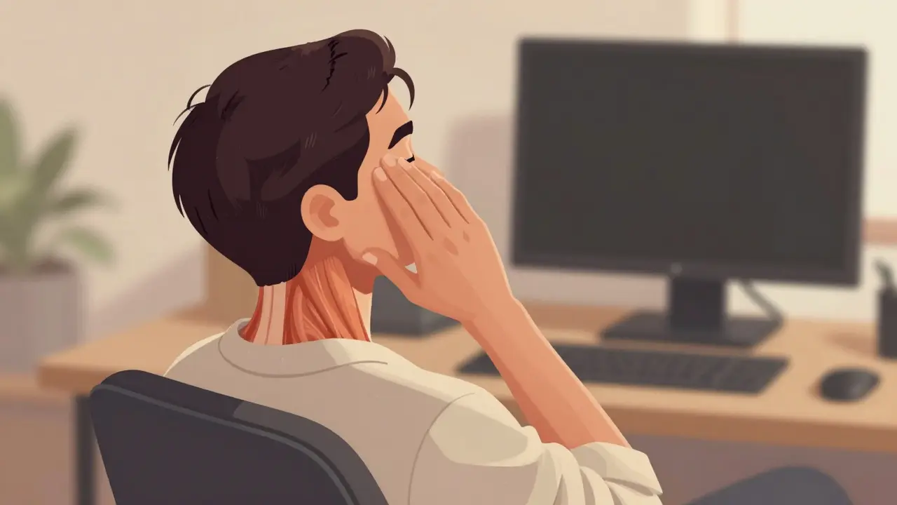 Osoba sedí a jemně naklání hlavu, uvolňuje svaly krku.