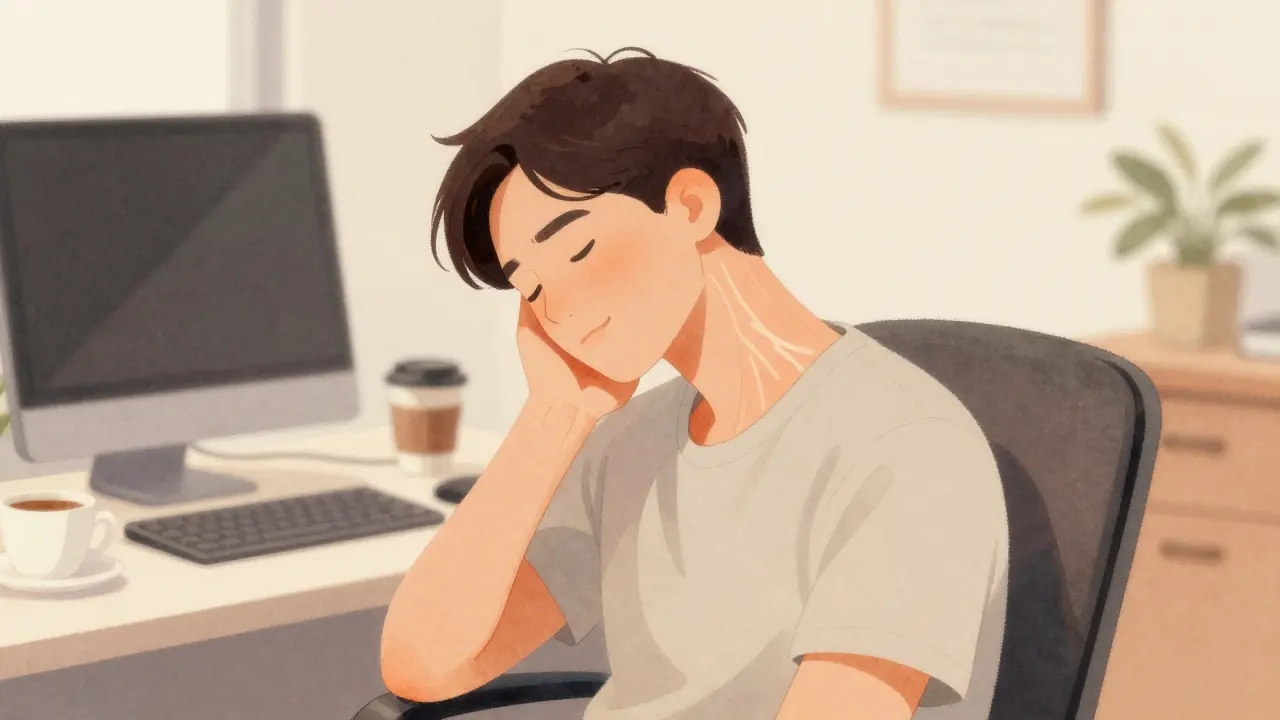 Osoba sedí a jemně naklání hlavu, uvolňující svaly v krku.