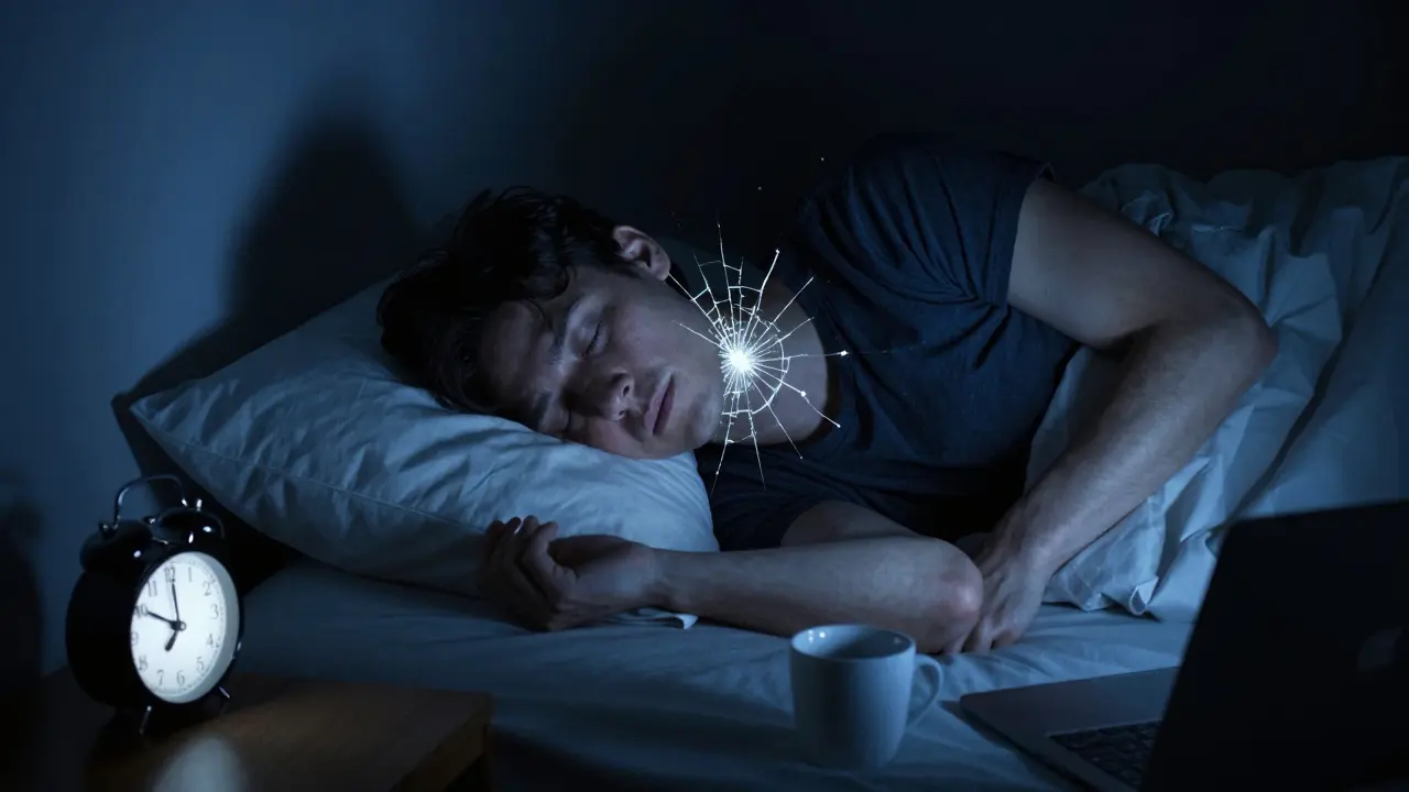 Osoba spí na příliš vysokém polštáři, krk je nesprávně ohnutý, v pozadí hodiny.