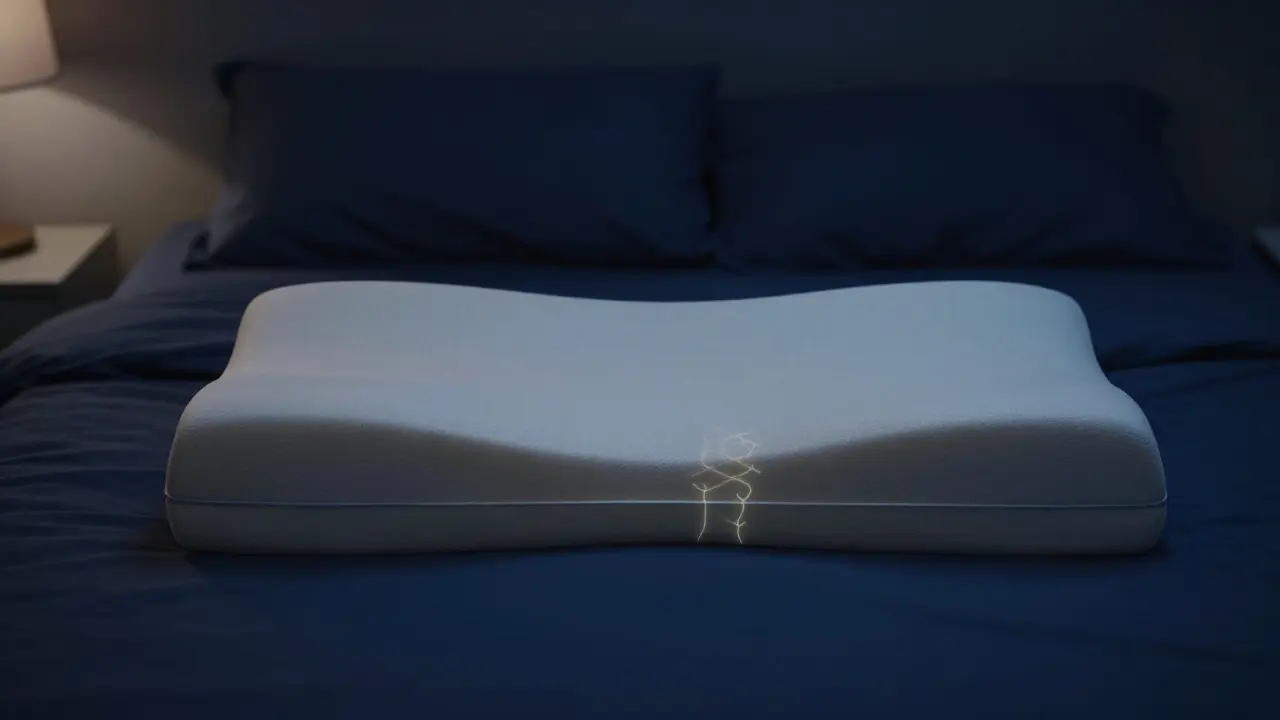 Osoba spí na zádech s tenkým polštářem pod krkem, správně vyrovnána páteř.