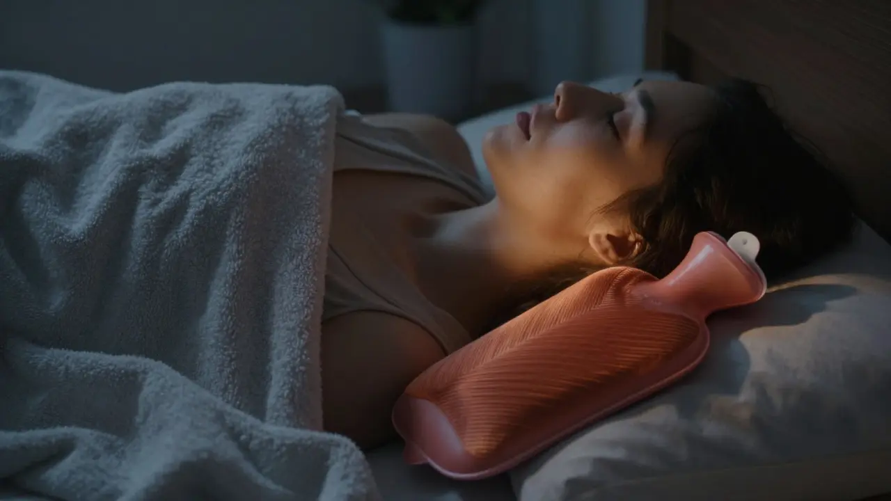 Osoba spí na zádech s tenkým polštářem pod krkem, teplo pomáhá uvolnit napětí.