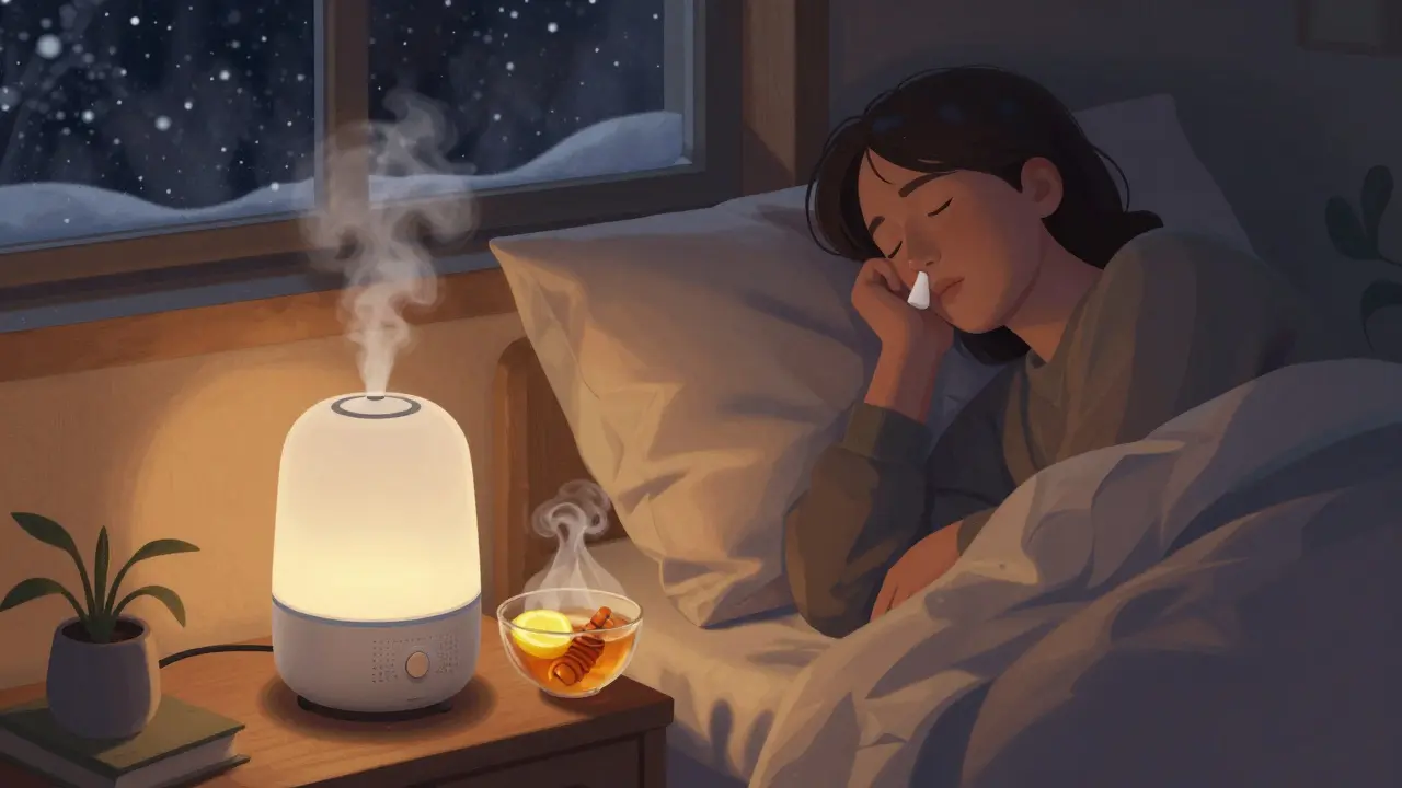Osoba spí s výškou polštáře a vlhčičkou vzduchu v pokoji, teplá čajová šálka na nočním stolku.