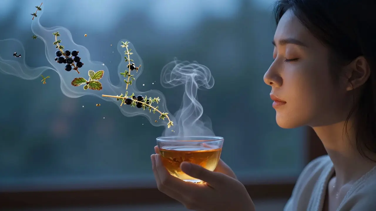 Pára z čaje se mění v obrysy bylin, osoba klidně dýchá.