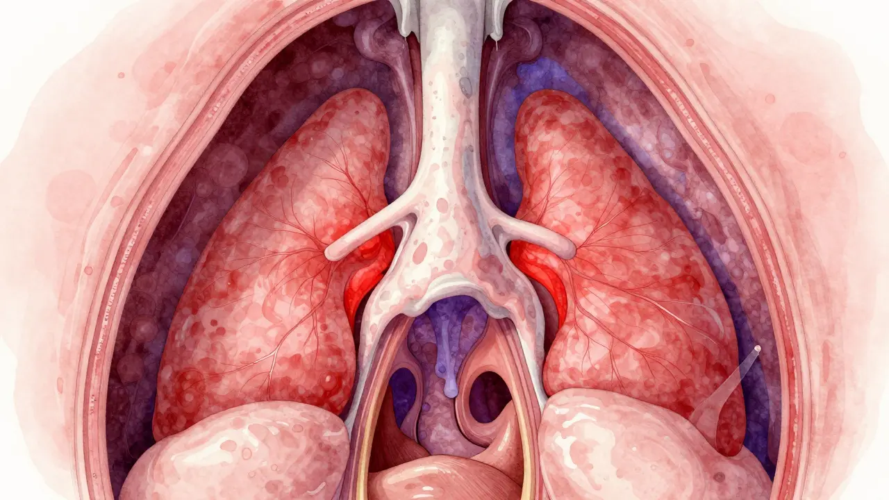 Průřez nosními dutinami s zánětlivým hlenem a oteklou sliznicí.
