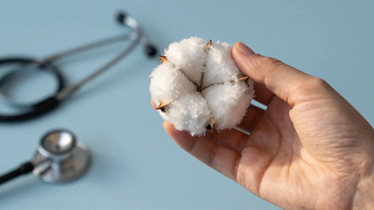 Ruka drží teplou látku u ucha, ale nevkládá nic do něj.