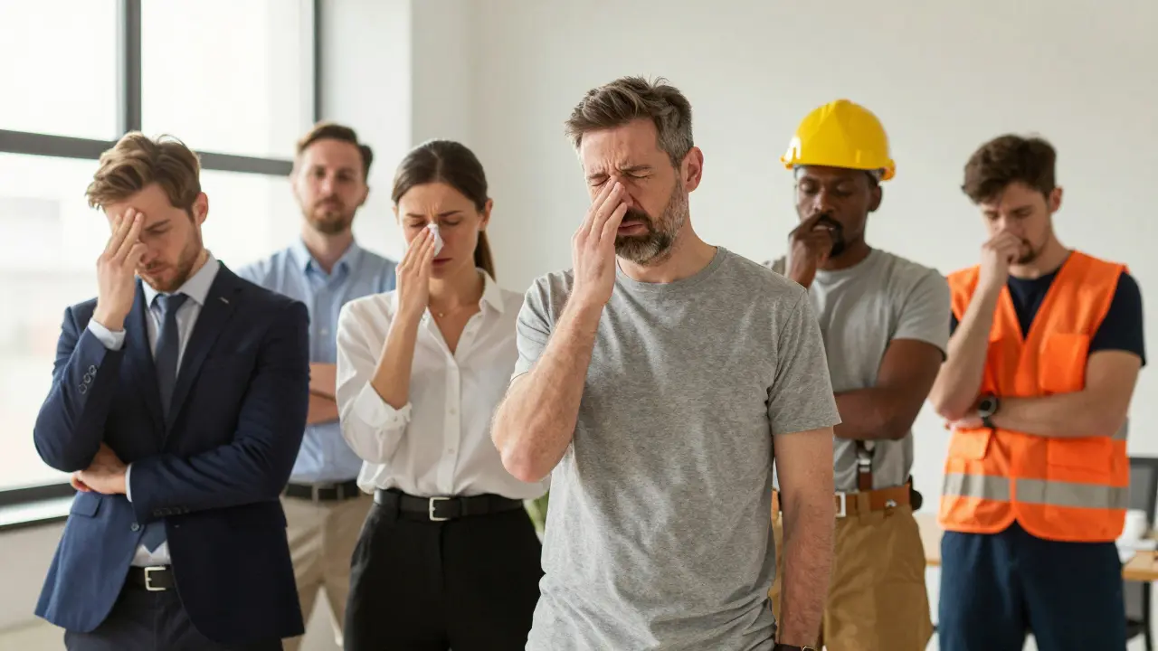 Různí dospělí s příznaky problémů s ušima, nosem a hlasem.