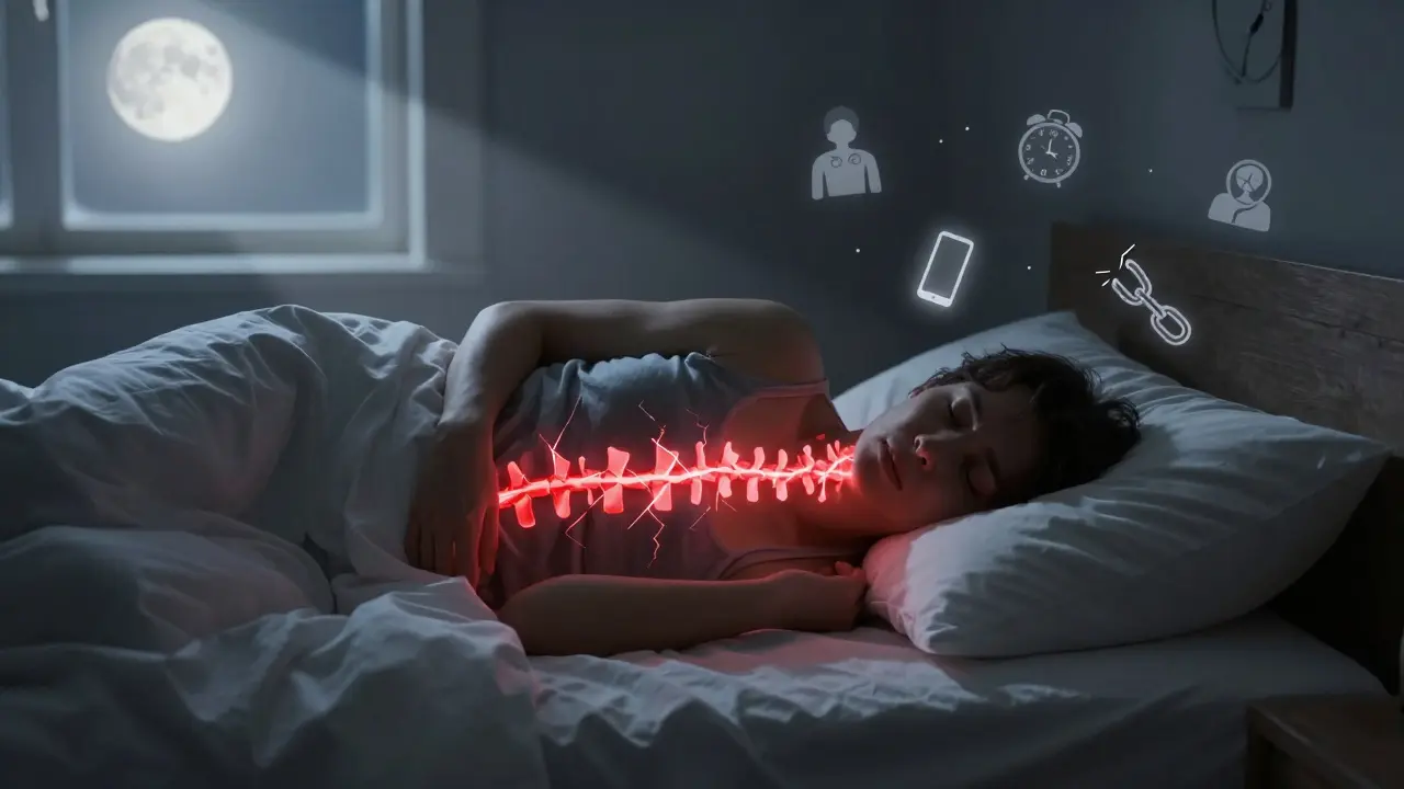 Spící osoba s nesprávným polštářem a světelnou trhlinou v krční páteři.