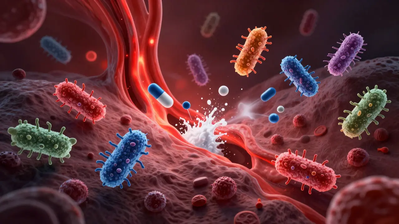 Symbolická scéna boje mezi bakteriemi a antibiotiky v krku.