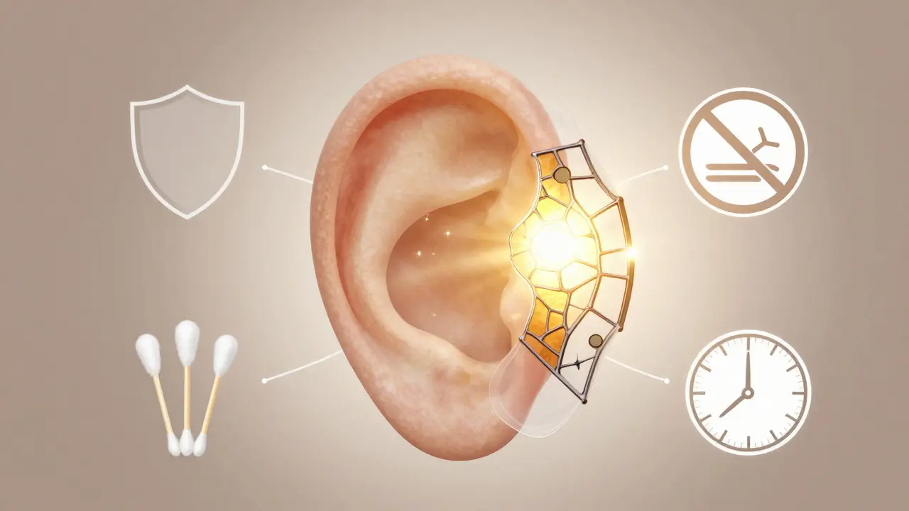 Symbolický obraz hojícího se ušního bubínku jako křehkého skla pod zlatým světlem.