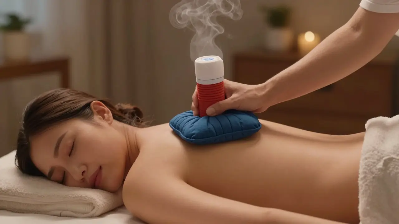 Teplý obklad na zádech na posteli s malým svitkem pod pasem.