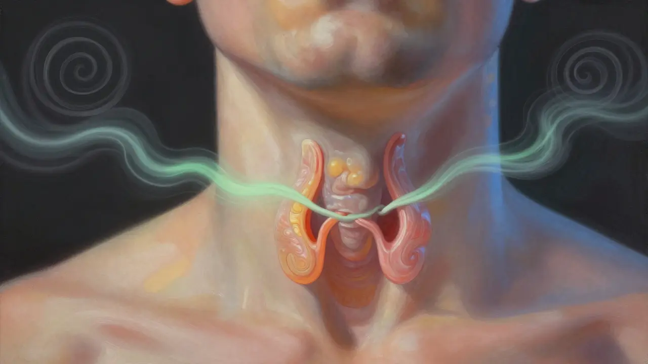 Transparentní ilustrace nesouhlasně vibrujících hlasových strun s příznaky stresu a refluxu.