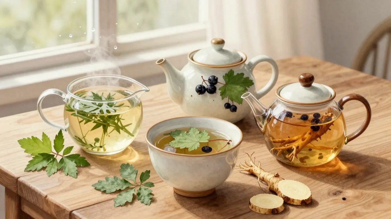 Tři druhy bylinného čaje s čerstvými bylinkami na dřevěném stole.