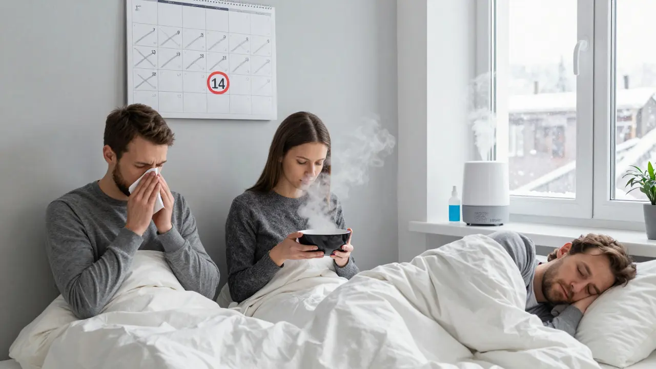 Tři lidé v bytě: jeden si vyfoukává nos, druhý se inhaluje, třetí spí — kalendář ukazuje 14 dní rýmy.