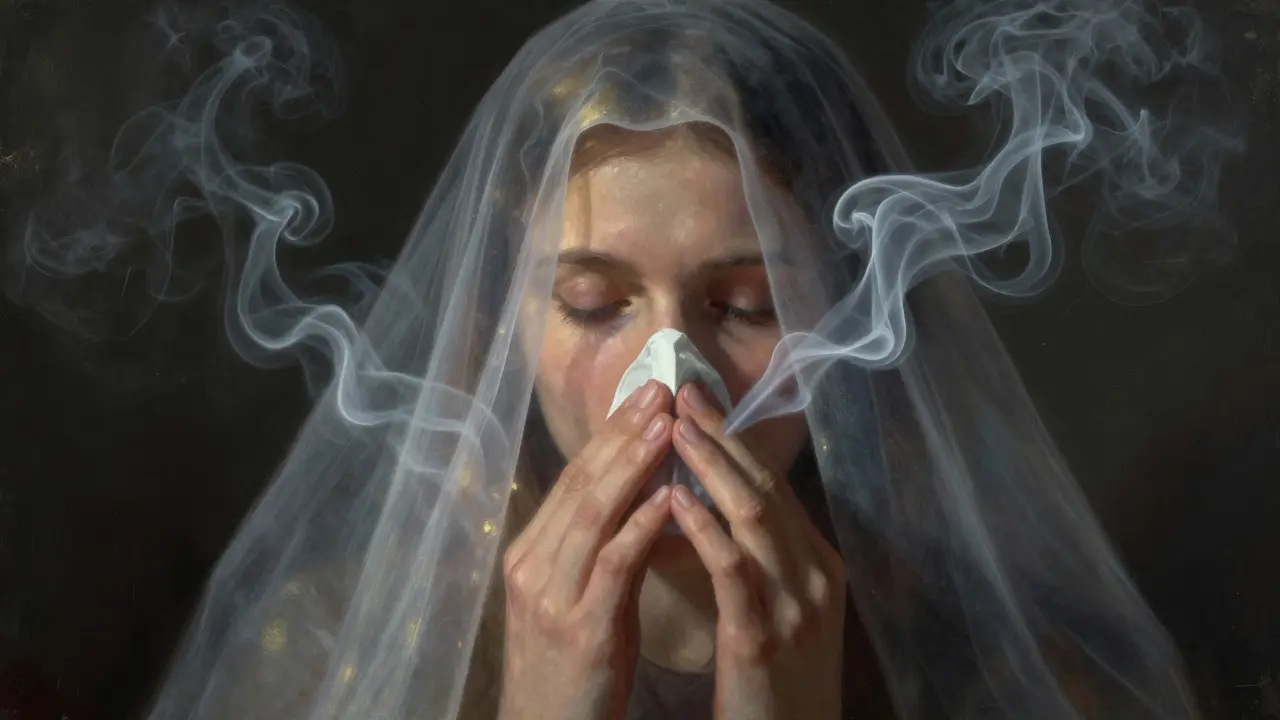 Tvář s jednou stranou zastřenou kouřem z ucpaných dutin, druhá strana čistá.