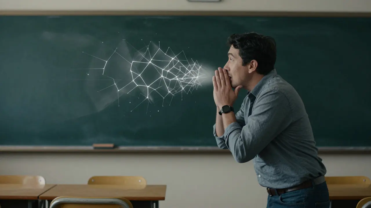 Učitelka šeptá v třídě, její hlas se rozpadá na rozbité zvukové vlny.