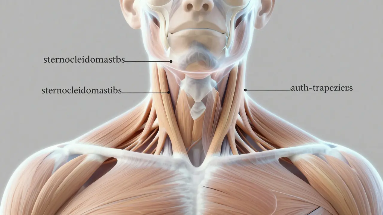 Ukázka anatomie krčních svalů s označenými čtyřmi klíčovými skupinami.