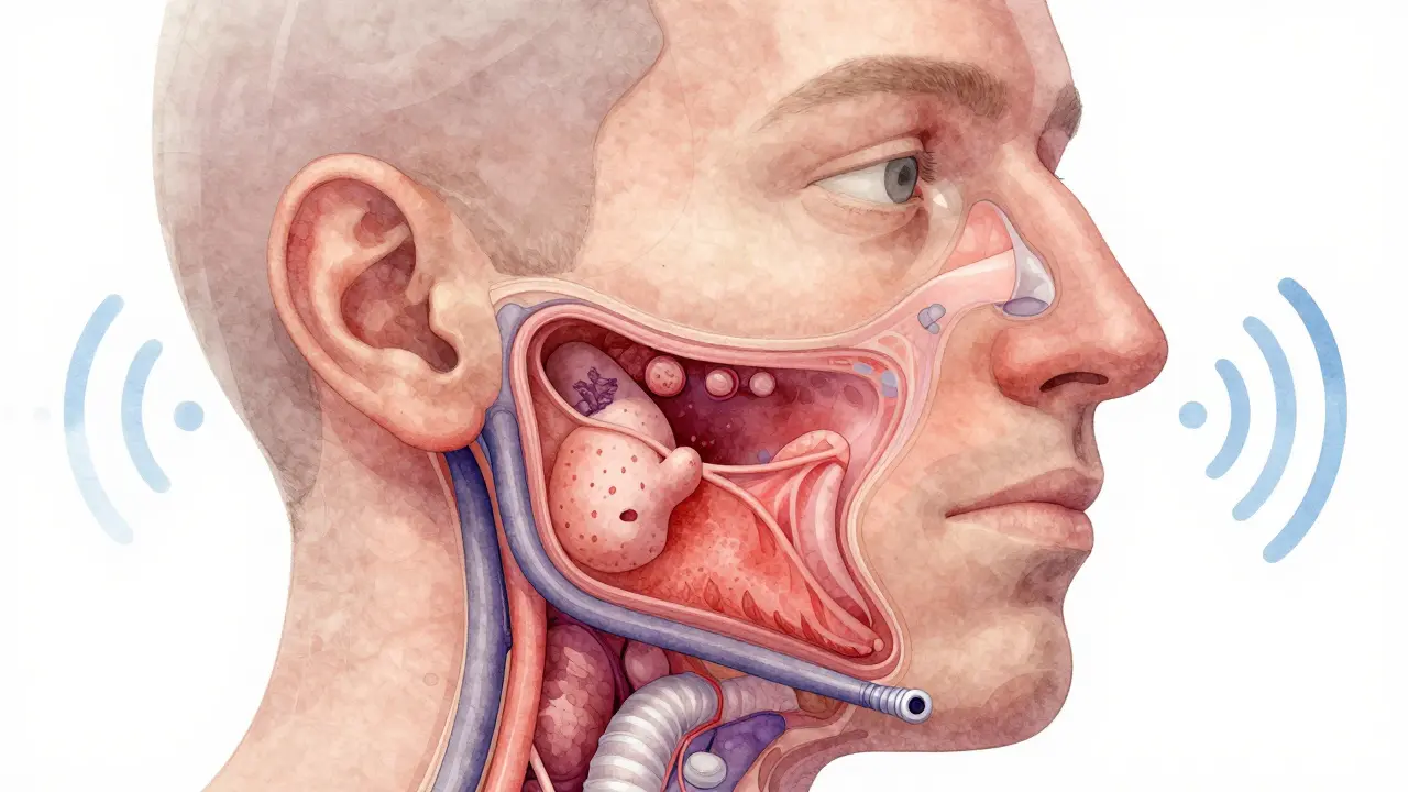 Uvnitř těla: propojené uši, nos a hrtan s příznaky zánětu.