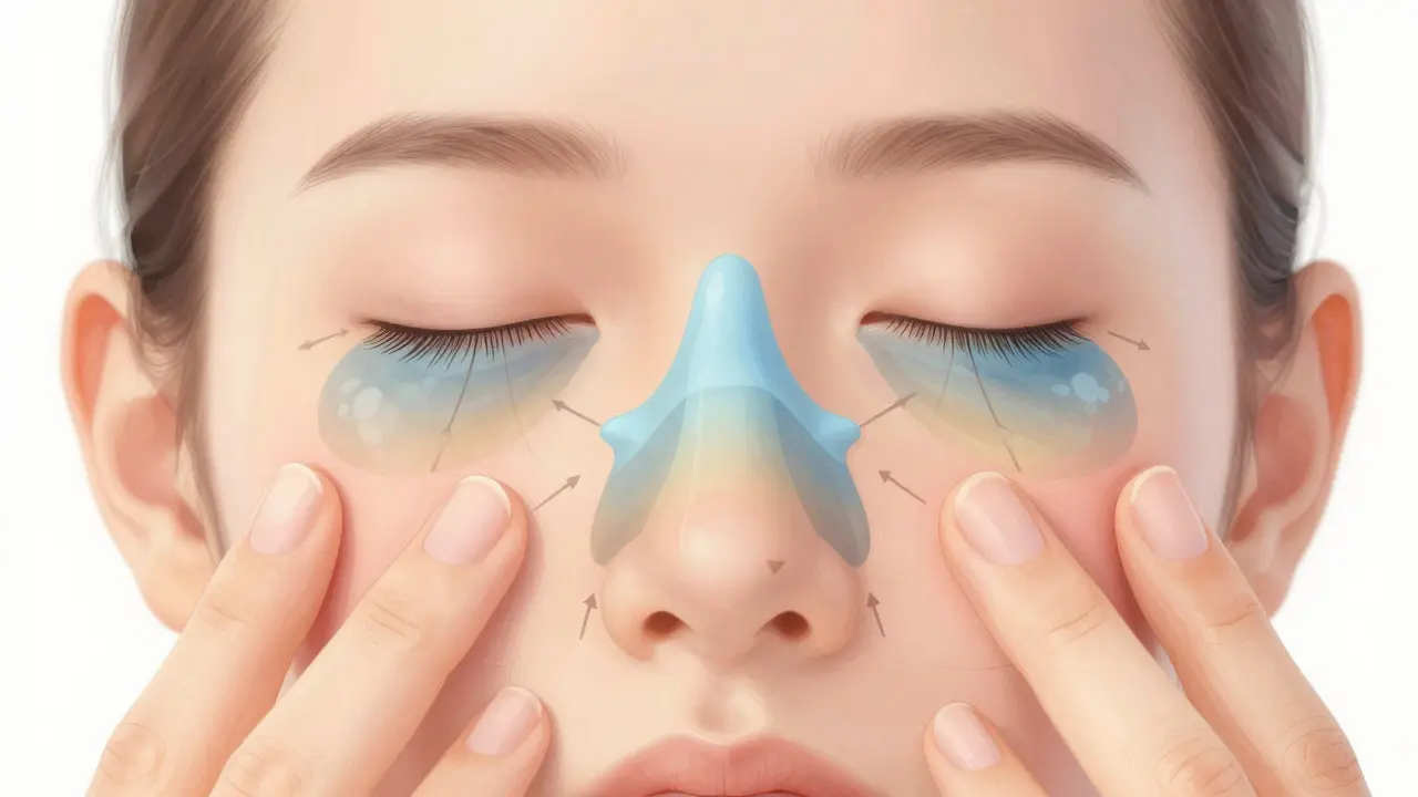 Vnitřní stav nosních dutin s naznačeným odtokem hlenu po masáži, bez textu a popisků.