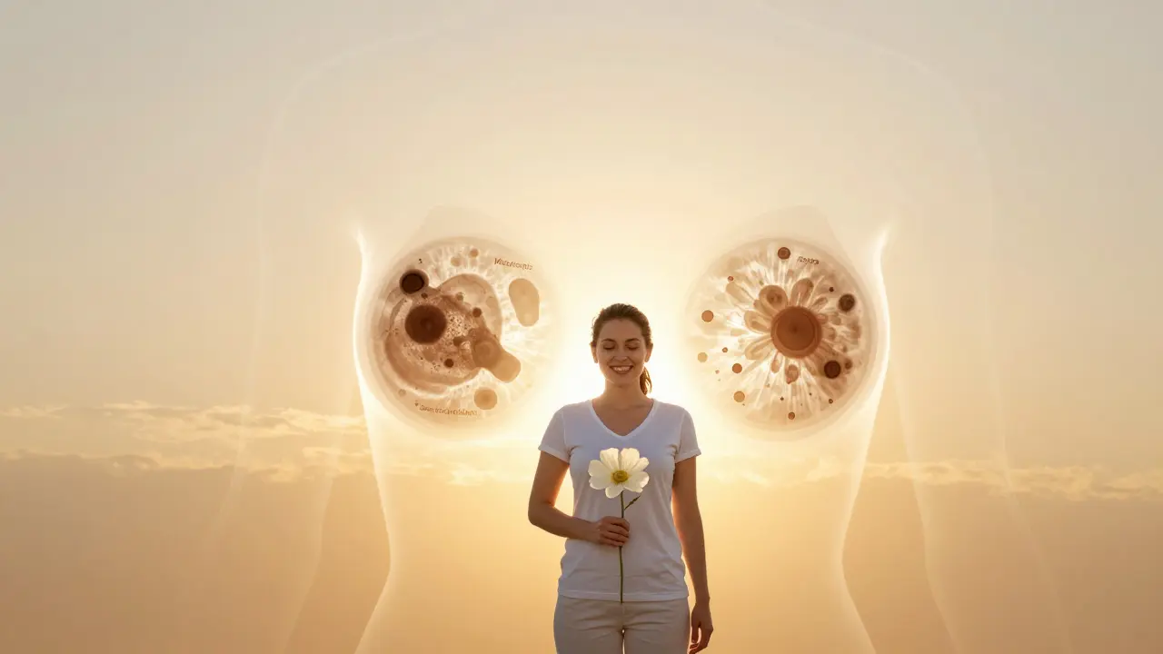 Žena s prsní siluetou, kde změny přecházejí v květ, symbolizující naději po raném zjištění.