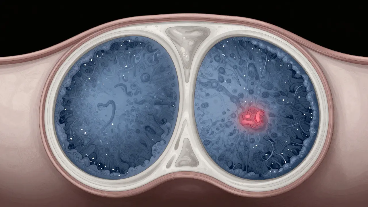 Zvětšený řez prsní tkání s mikrokalcifikacemi a benigními uzly v lékařském stylu.