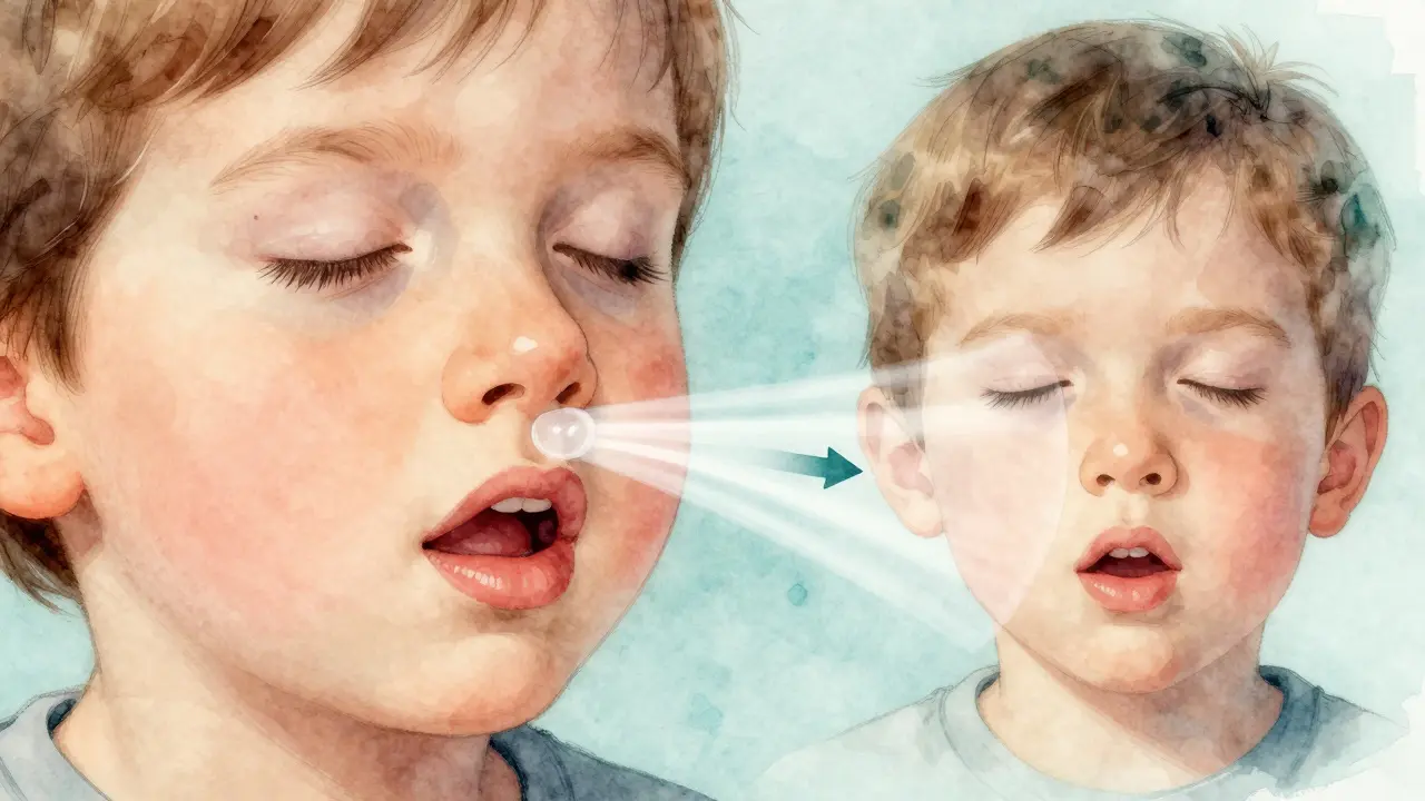 Anatomický náčrt zvětšených nosních mandlek blokujících dýchací cestu.