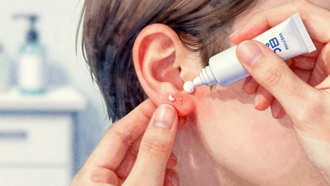 Antifungální krém aplikovaný na červenou oblast za ušima