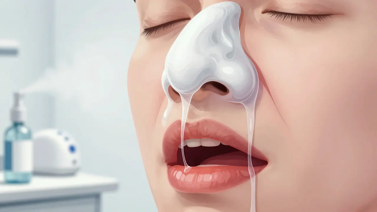 Blízký pohled na vnitřní nosní sliznici s hlenem tekoucím do hrdla, mírně zánětlivá tkáň.