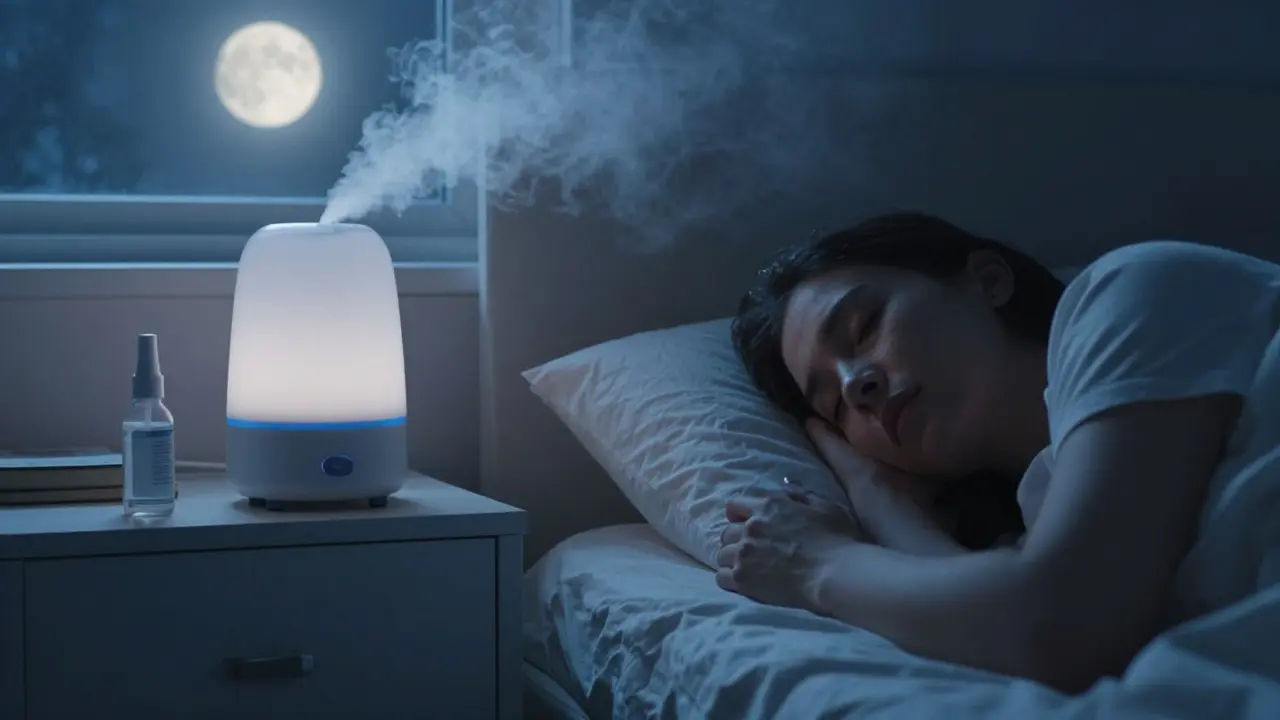 Člověk spí s vysokou hlavou a vlhčovačem ve spále, klidná noční atmosféra.