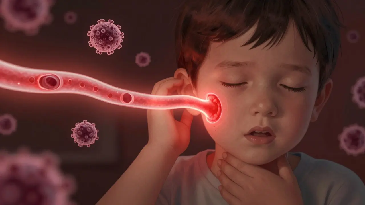 Dítě s horečkou, s viditelnou infekcí spojující hrdlo a ucho skrze Eustachiovu trubici.