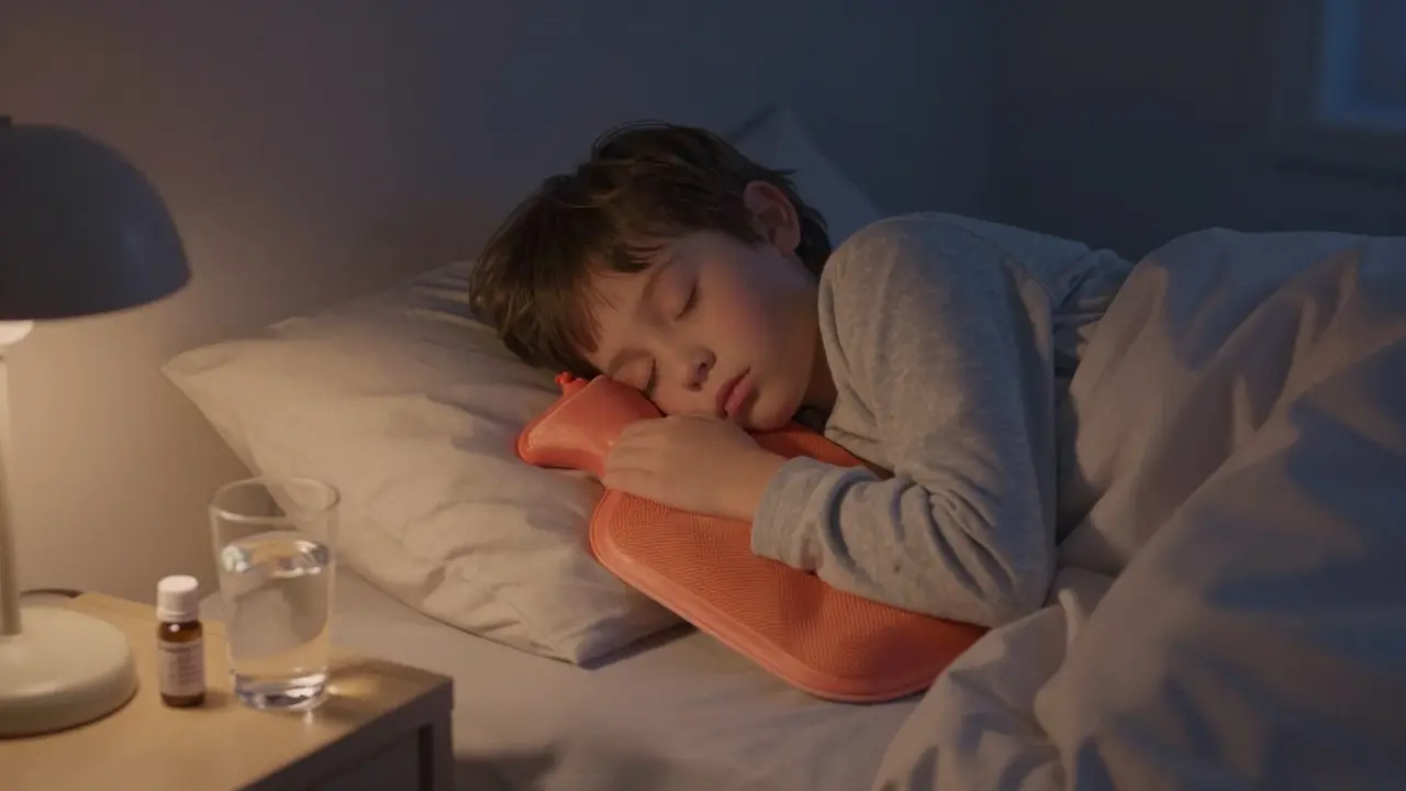 Dítě spí s teplou látkou u ucha a sklenicí vody na nočním stolku.