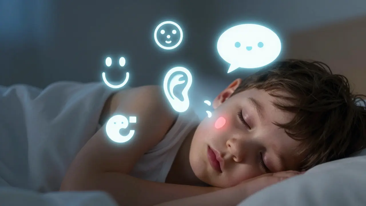 Dítě spí s uzavřenými ústy, symbolizující vylepšené dýchání po vyšetření adenoidů.