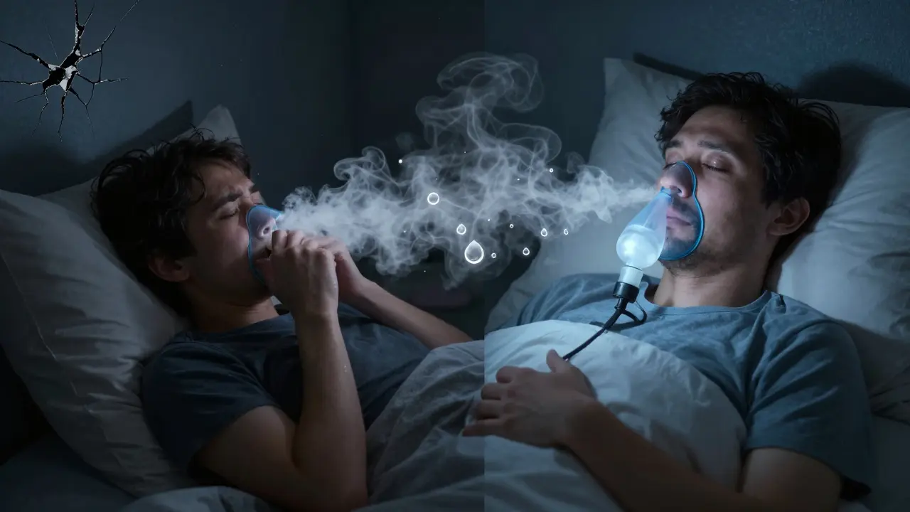 Dvě části noci: jedna s ucpaným nosem a suchým vzduchem, druhá s čistým dýcháním a párou – symbolizující účinné metody.