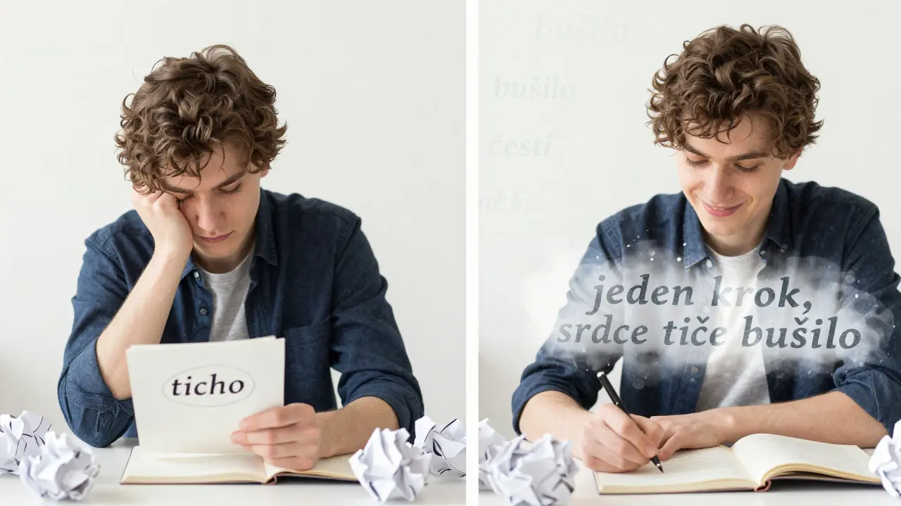 Dvě scény: vlevo zoufalý spisovatel, vpravo radostně píšící s rýmy ve vzduchu.