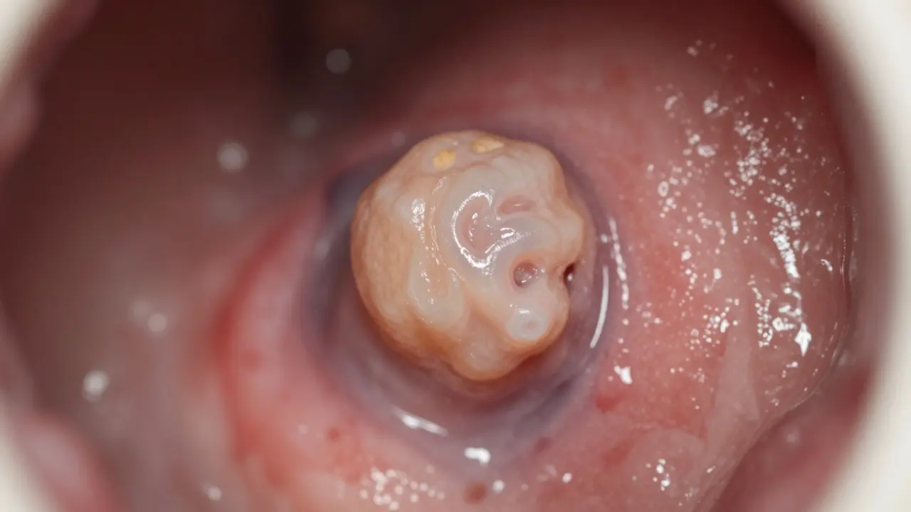 Endoskopický pohled na polyp v nosní dutině s oteklou sliznicí kolem.